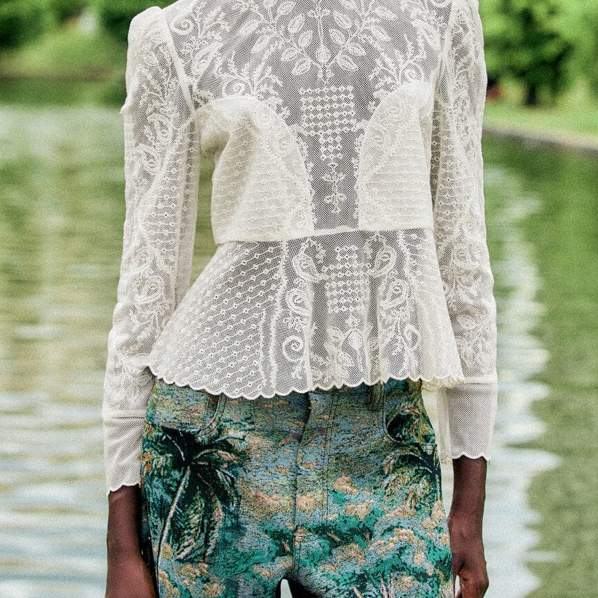 FARM Rio Embroidered Tulle Long Sleeve Blouse | Off-White