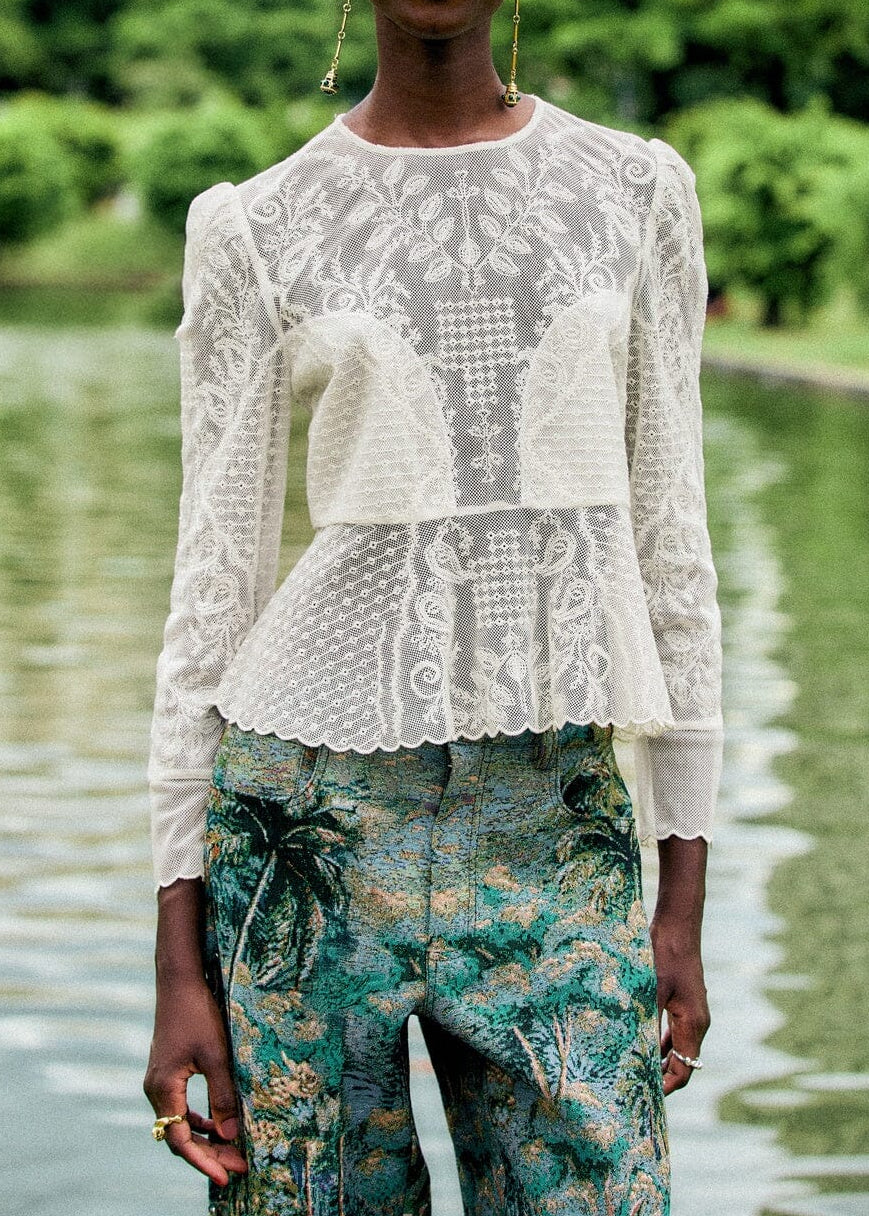 FARM Rio Embroidered Tulle Long Sleeve Blouse | Off-White