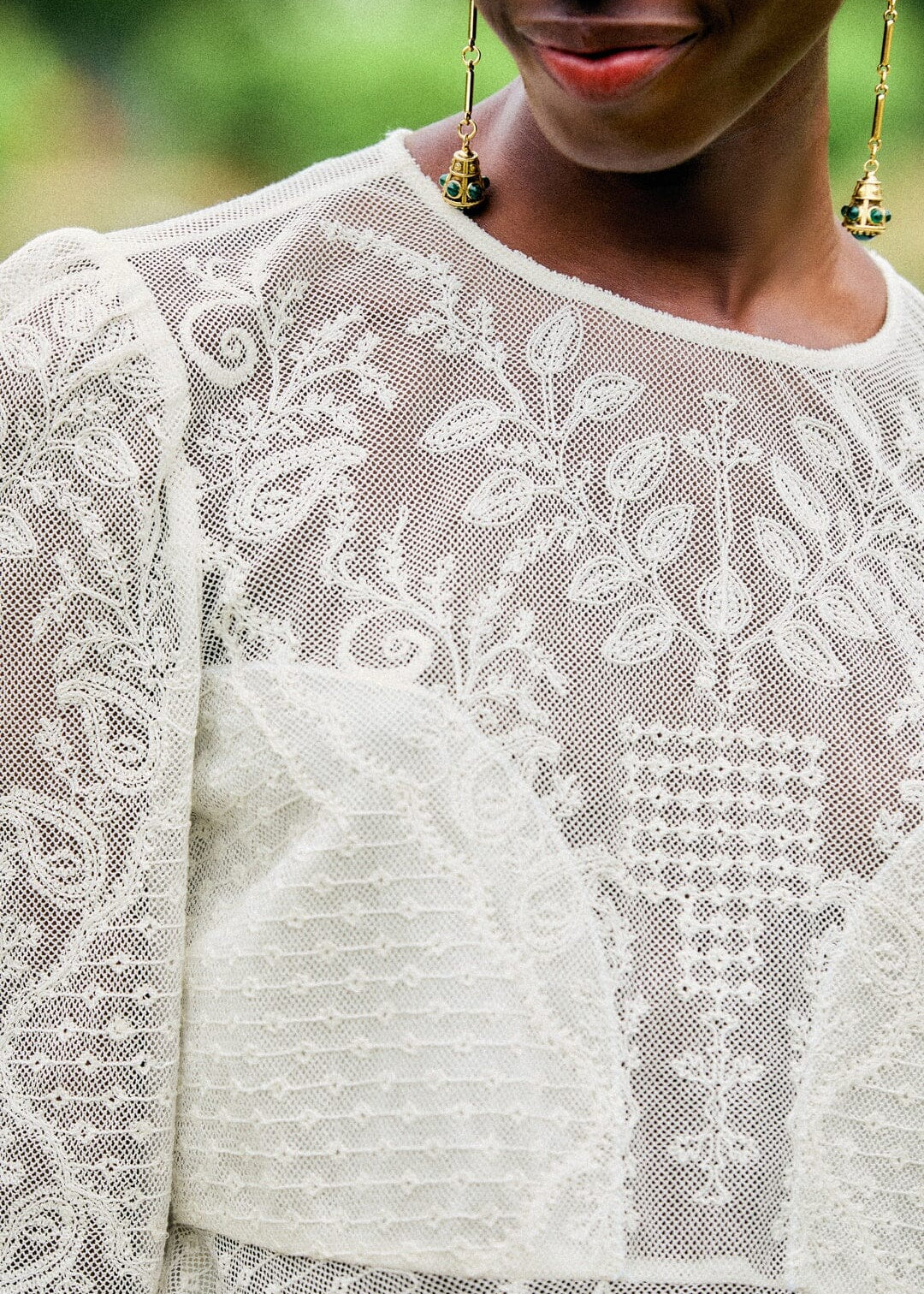 FARM Rio Embroidered Tulle Long Sleeve Blouse | Off-White