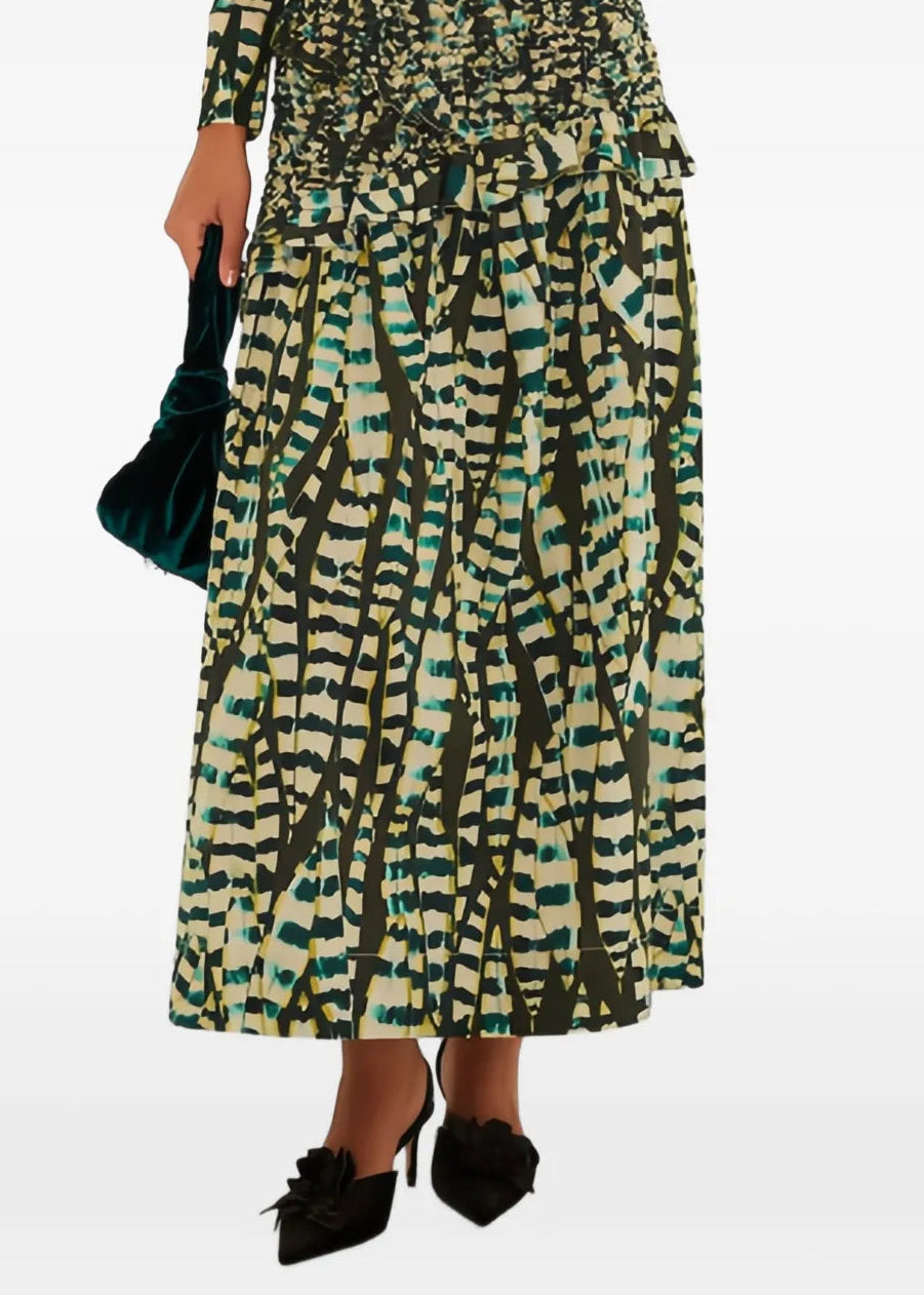 FARM Rio Striped Leaves Moss Green Midi Skirt