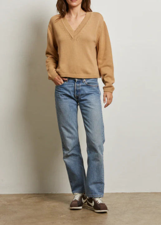 Perfect White Tee Addie Cotton Oversized V Neck Sweater | Suede
