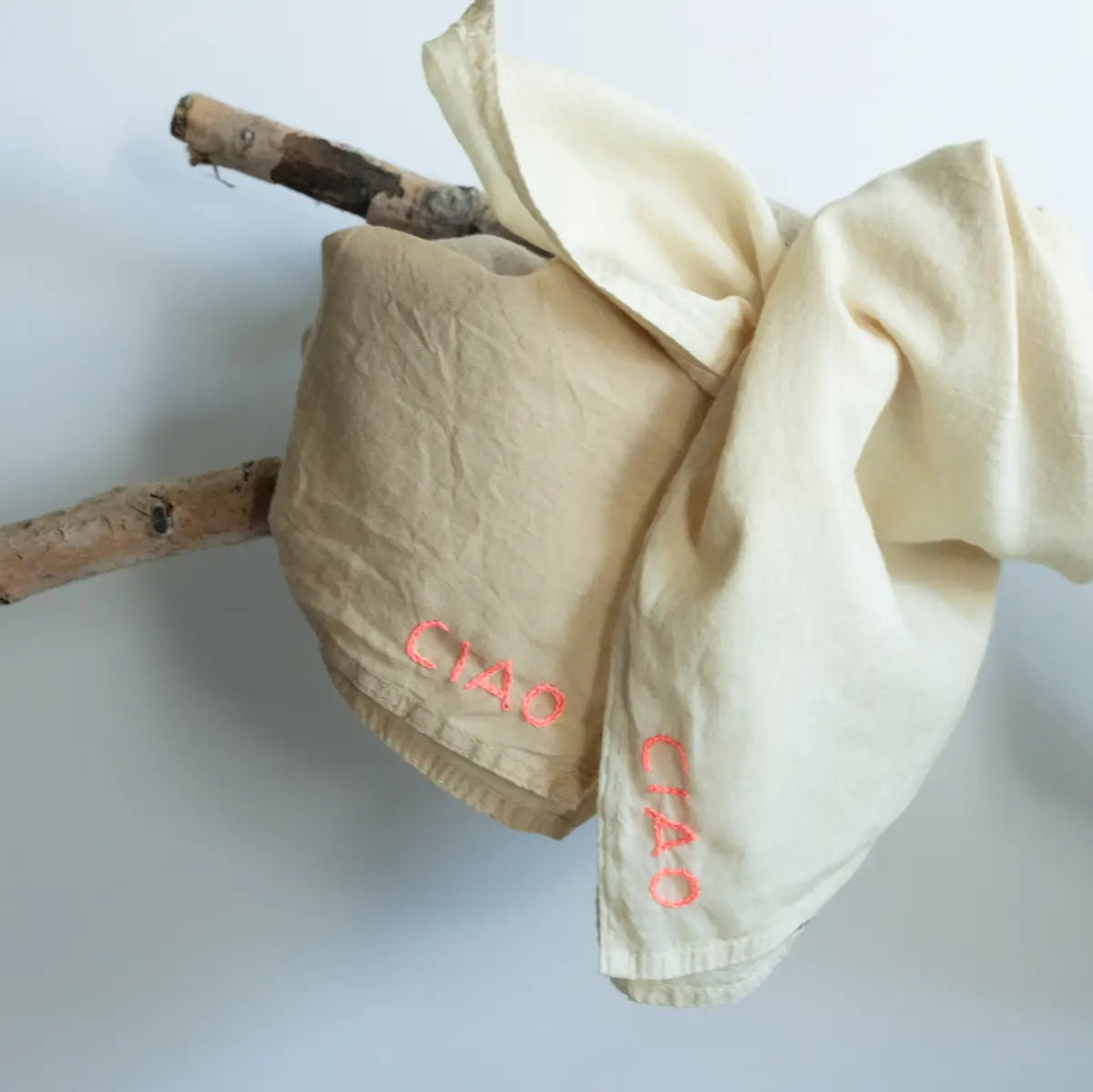 Eloise et Moi Hand Embroidered Organic Cotton Bandana Ciao Bandana | Sand/Neon Pink
