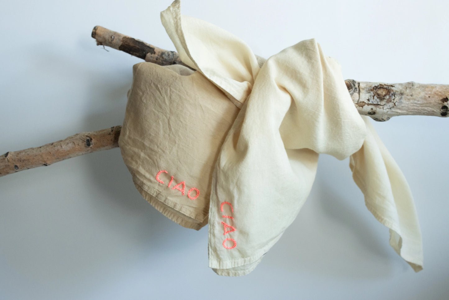 Eloise et Moi Hand Embroidered Organic Cotton Bandana Ciao Bandana | Sand/Neon Pink