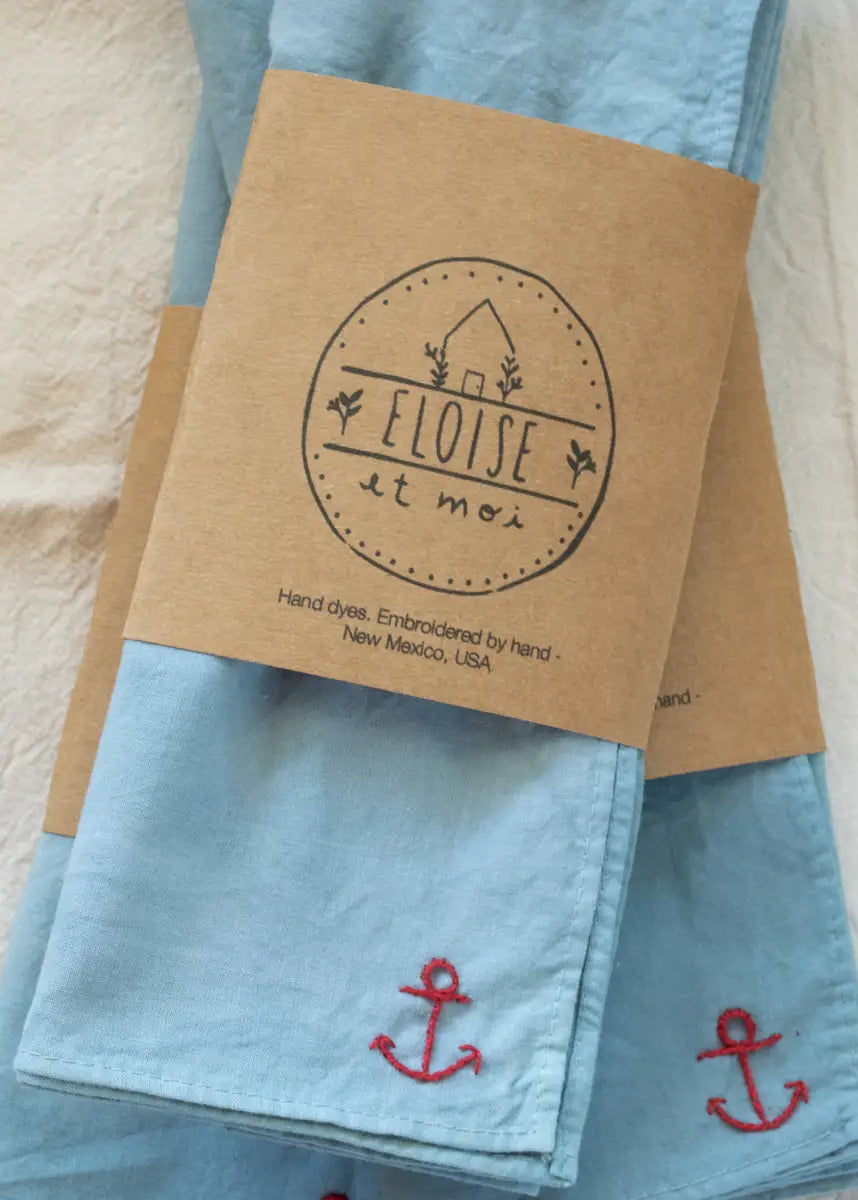 Eloise et Moi Hand Embroidered Vacances Cotton Bandana Hand Dyed | Sky/Red Thread