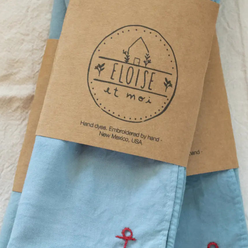 Eloise et Moi Hand Embroidered Vacances Cotton Bandana Hand Dyed | Sky/Red Thread