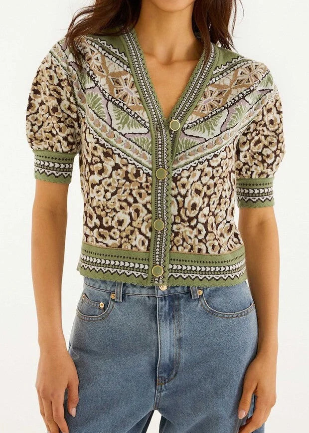 FARM Rio Leopard Knit Short Sleeve Cardigan