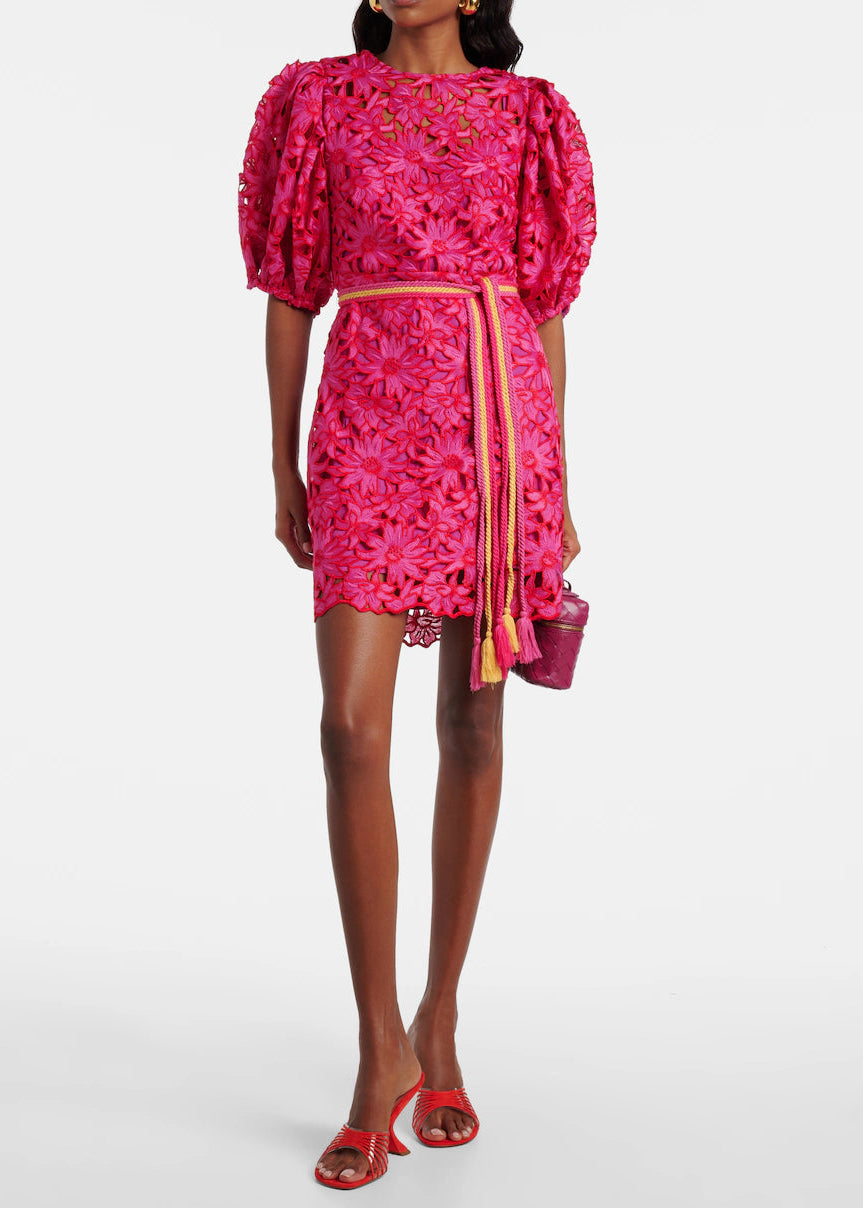 FARM Rio Pink Flowered Lace Puff Sleeve Lined Mini Dress, Pink / XS FARM Rio Pink Flowered Lace Puff Sleeve Lined Mini Dress, Pink / XS