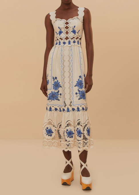 FARM Rio Cross Stitch Richelieu Sunflower Off-White Midi Dress