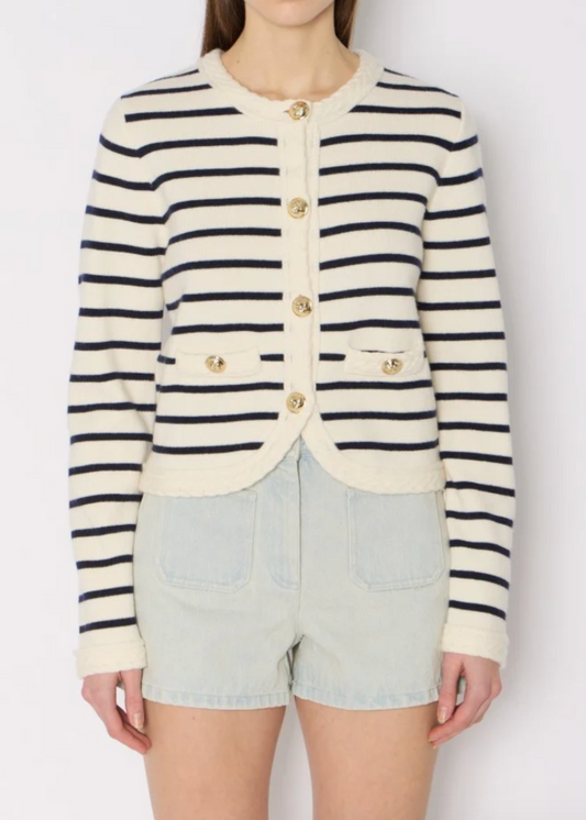 Berenice Gloria White Cardigan With Blue Stripes And Gold Buttons
