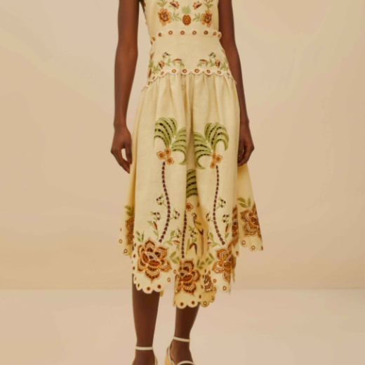 FARM Rio Delicate Forest Sand Richelieu Embroidered Midi Dress