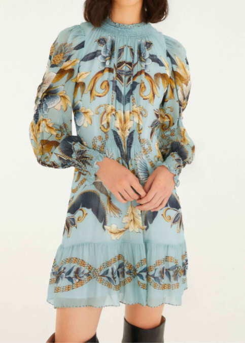 FARM Rio Snake Garden Blue Long Sleeve Mini Dress