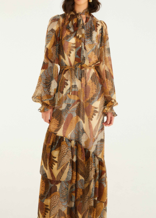 FARM Rio Dotted Macaws Cream Long Sleeve Maxi Dress