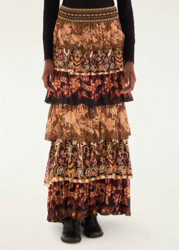 FARM Rio Mixed Scarves Ruffled Maxi Skirt