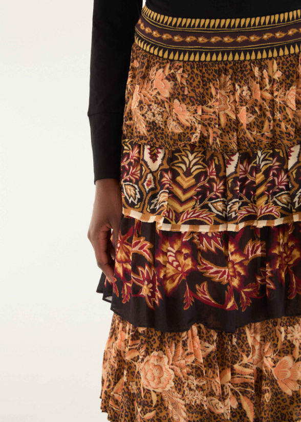 FARM Rio Mixed Scarves Ruffled Maxi Skirt
