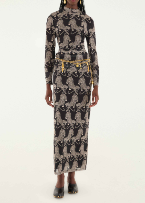 FARM Rio Striped Tigers Black Tulle Midi Skirt