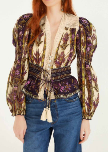 FARM Rio Embroidered Tapestry Sand Long Sleeve Blouse