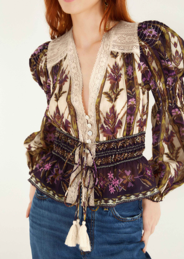 FARM Rio Embroidered Tapestry Sand Long Sleeve Blouse