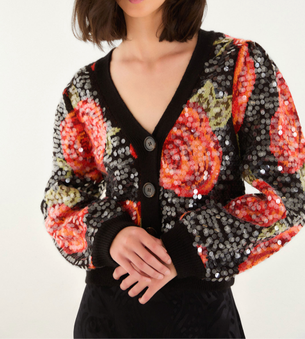 FARM Rio Latin Roses Sequin Knit Cardigan