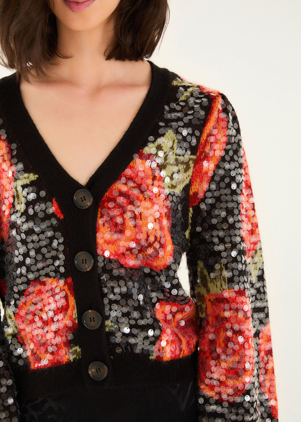 FARM Rio Latin Roses Sequin Knit Cardigan