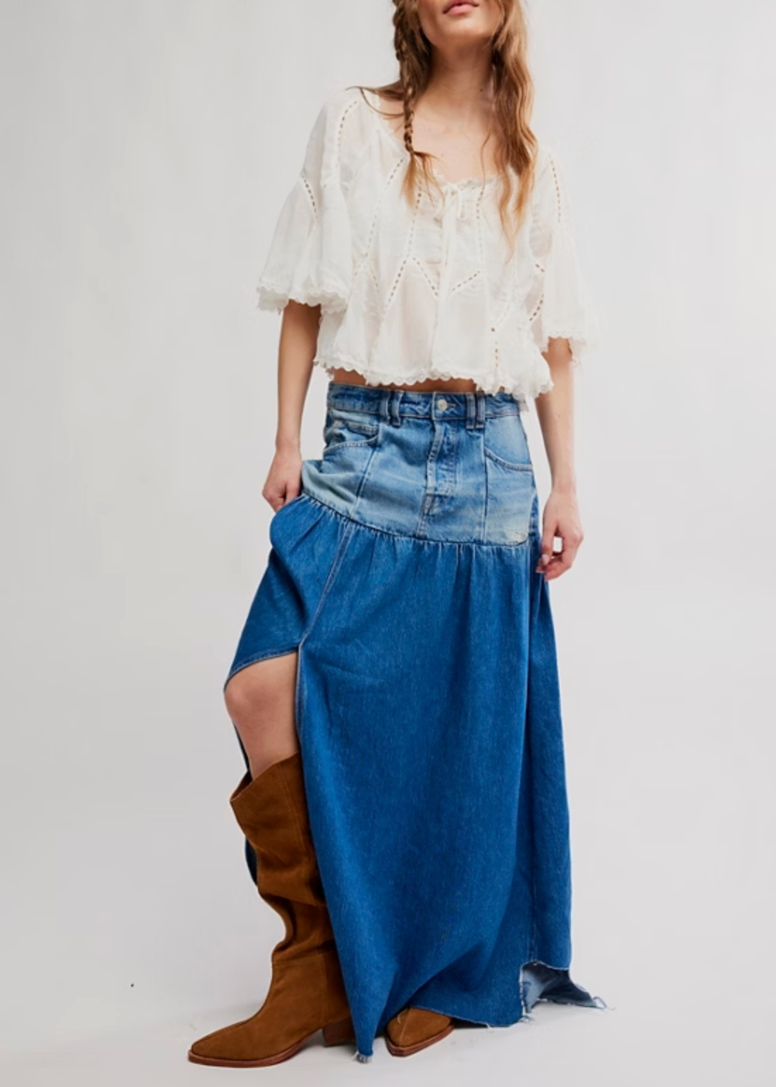Free People Good Company Mixed Denim Maxi Skirt | Blessed – tenley