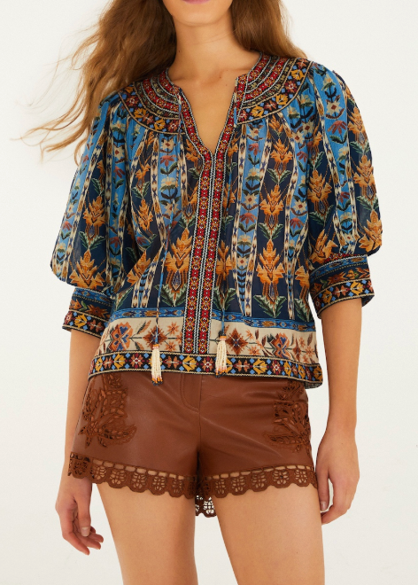 FARM Rio Embroidered Tapestry Blue Short Sleeve Blouse