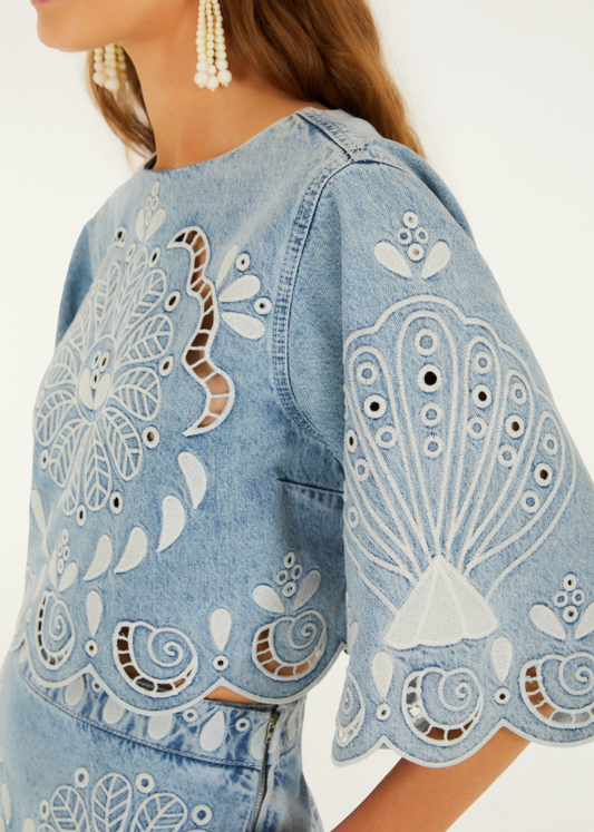 FARM Rio Denim Richelieux Cropped Blouse | Denim