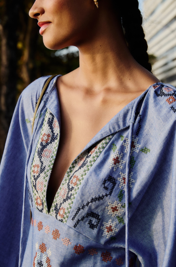 FARM Rio Garden Tapestry Blue Embroidery Long Sleeve Midi Dress