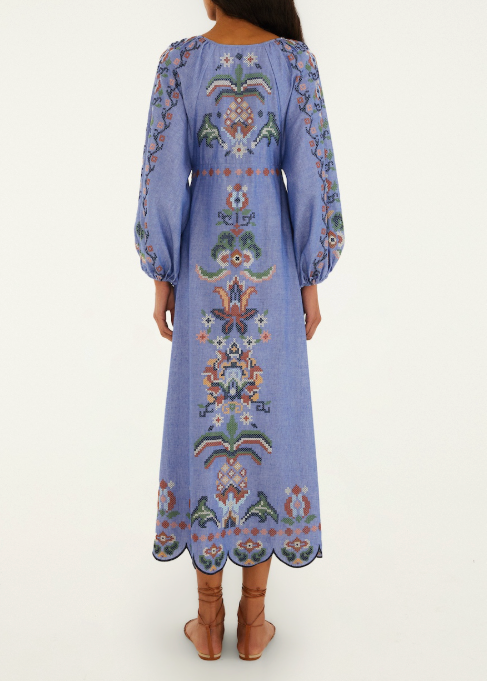 FARM Rio Garden Tapestry Blue Embroidery Long Sleeve Midi Dress