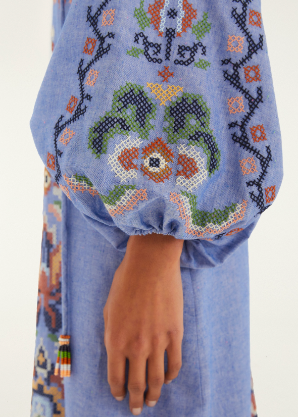 FARM Rio Garden Tapestry Blue Embroidery Long Sleeve Midi Dress