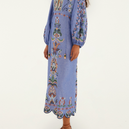 FARM Rio Garden Tapestry Blue Embroidery Long Sleeve Midi Dress