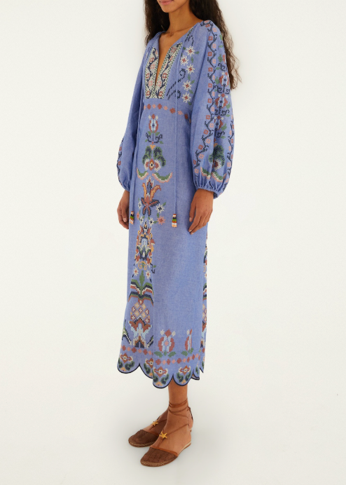 FARM Rio Garden Tapestry Blue Embroidery Long Sleeve Midi Dress