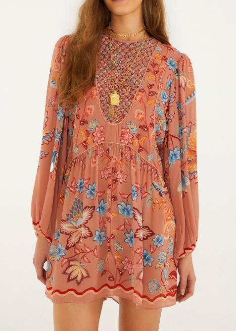 FARM Rio Boho Enhance Mocha Lace Long Sleeve Dress