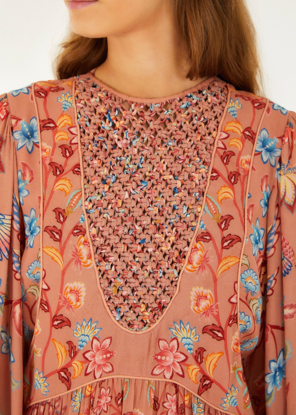 FARM Rio Boho Enhance Mocha Lace Long Sleeve Dress