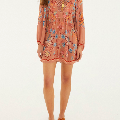 FARM Rio Boho Enhance Mocha Lace Long Sleeve Dress