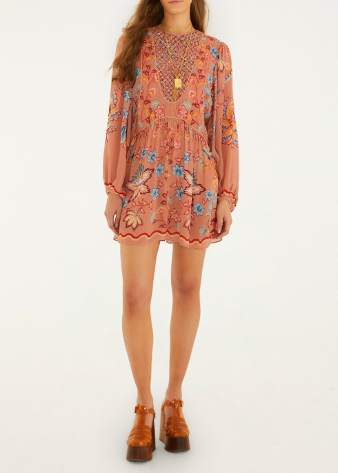 FARM Rio Boho Enhance Mocha Lace Long Sleeve Dress