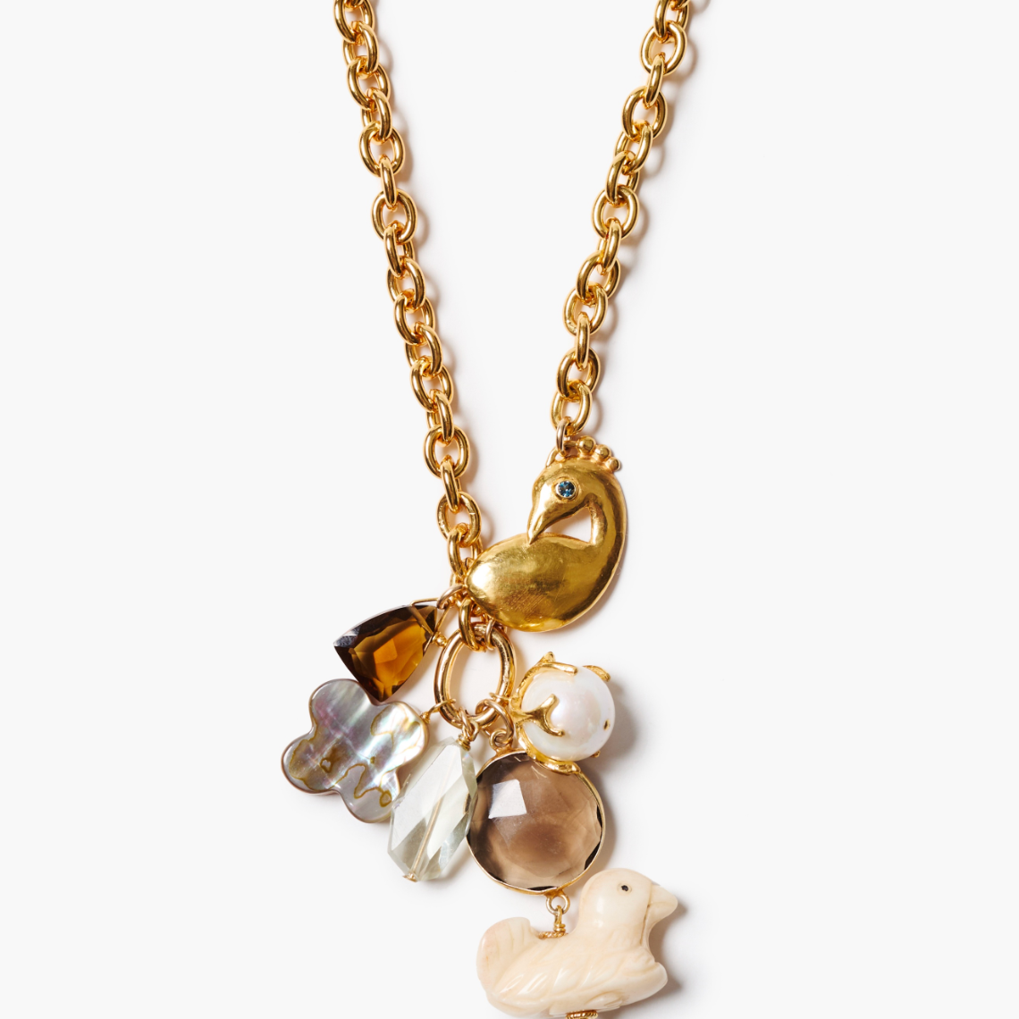Chan Luu Hand Carved Bone Duck, Smokey + Whiskey Quartz Necklace