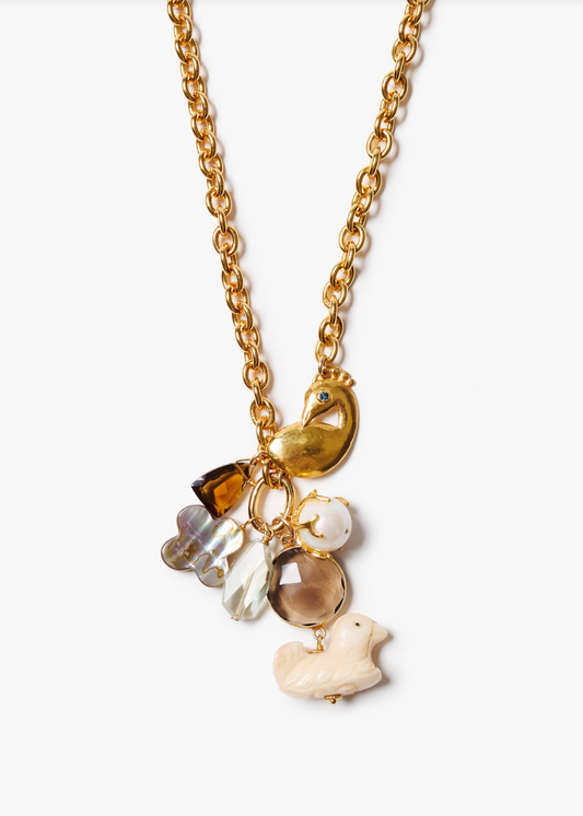 Chan Luu Hand Carved Bone Duck, Smokey + Whiskey Quartz Necklace