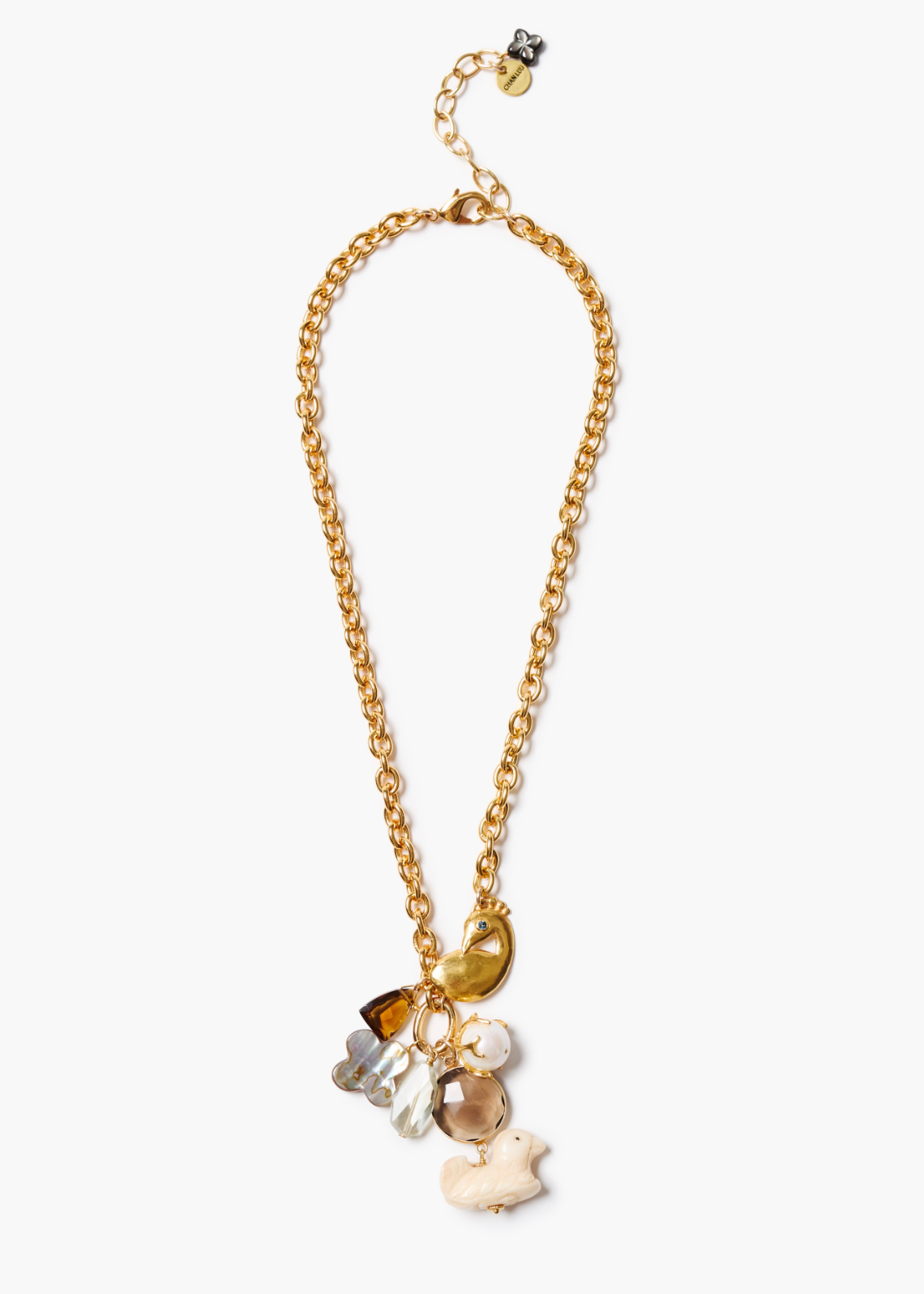 Chan Luu Hand Carved Bone Duck, Smokey + Whiskey Quartz Necklace