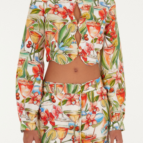 FARM Rio Cocktail Off-White Wavy Long Sleeve Top