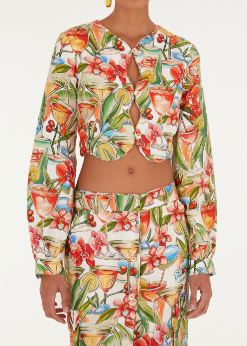 FARM Rio Cocktail Off-White Wavy Long Sleeve Top