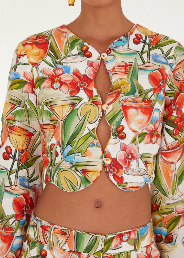 FARM Rio Cocktail Off-White Wavy Long Sleeve Top