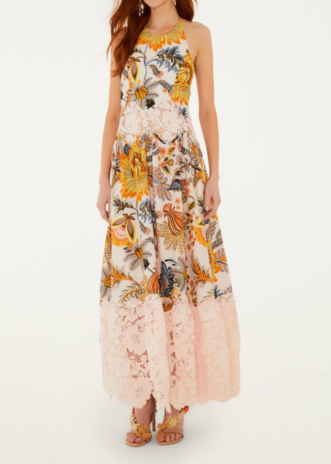 FARM Rio Ligia Floral Light Pink Lace Maxi Dress