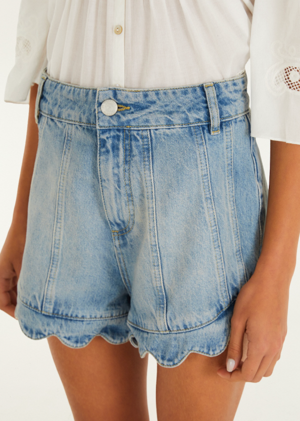 FARM Rio Light Denim Romantic Wavy Hem Shorts