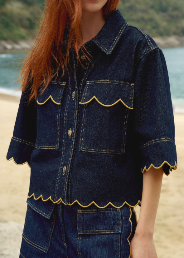 FARM Rio Dark Denim Wavy Hem Short Sleeve Shirt