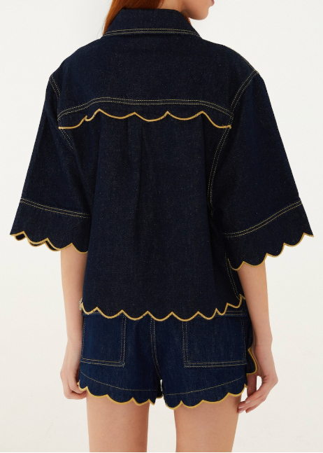 FARM Rio Dark Denim Wavy Hem Short Sleeve Shirt