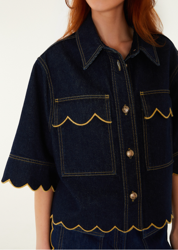 FARM Rio Dark Denim Wavy Hem Short Sleeve Shirt