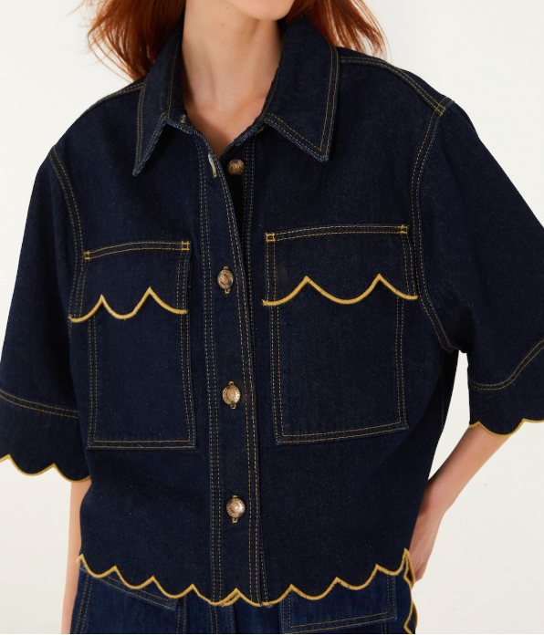 FARM Rio Dark Denim Wavy Hem Short Sleeve Shirt