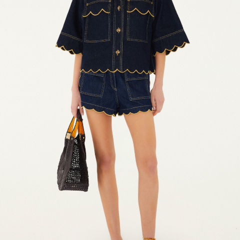 FARM Rio Dark Denim Wavy Hem Short Sleeve Shirt