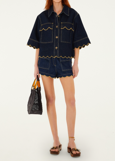 FARM Rio Dark Denim Wavy Hem Short Sleeve Shirt