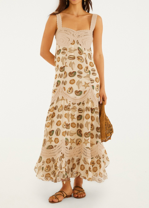 FARM Rio Marine Shells Sand Crochet Bust Maxi Dress